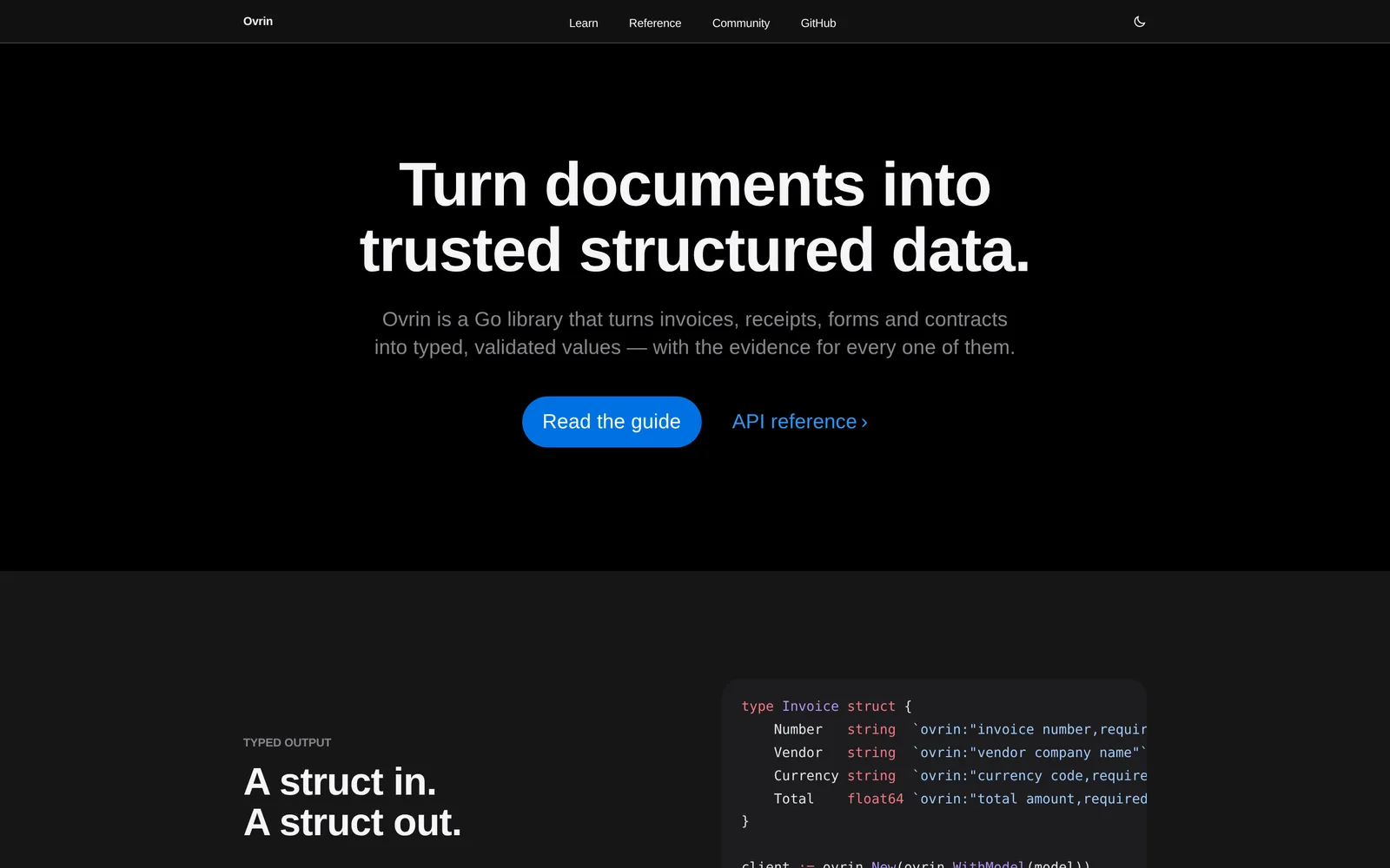 The Ovrin documentation landing page, headlined 'Turn documents into trusted structured data', beside a Go struct showing typed invoice fields.