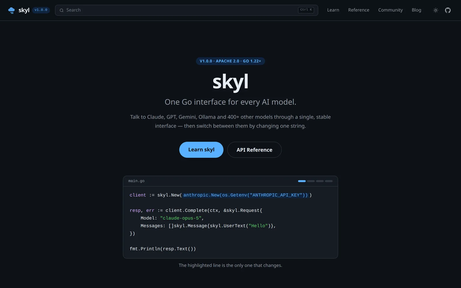 The skyl documentation landing page: the project name, a one-line summary, and a Go snippet in which the model identifier is the only highlighted line.