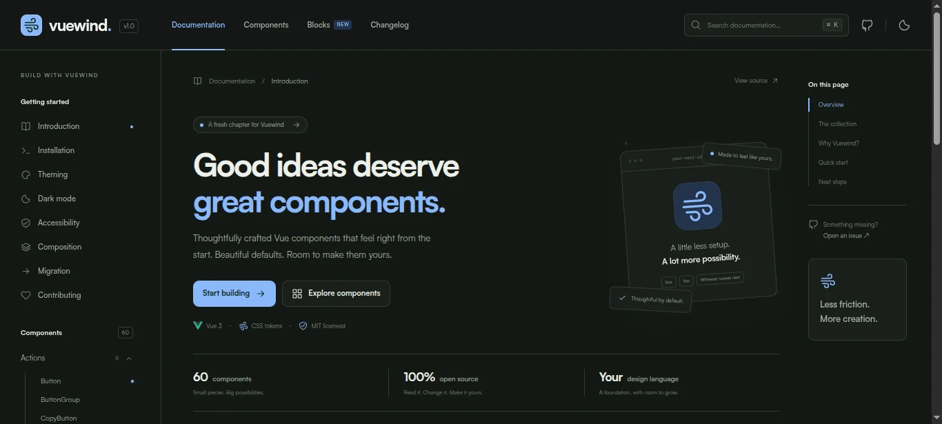 The Vuewind documentation home page, headlined ‘Good ideas deserve great components’, with counts for 60 components, open source and the design language.